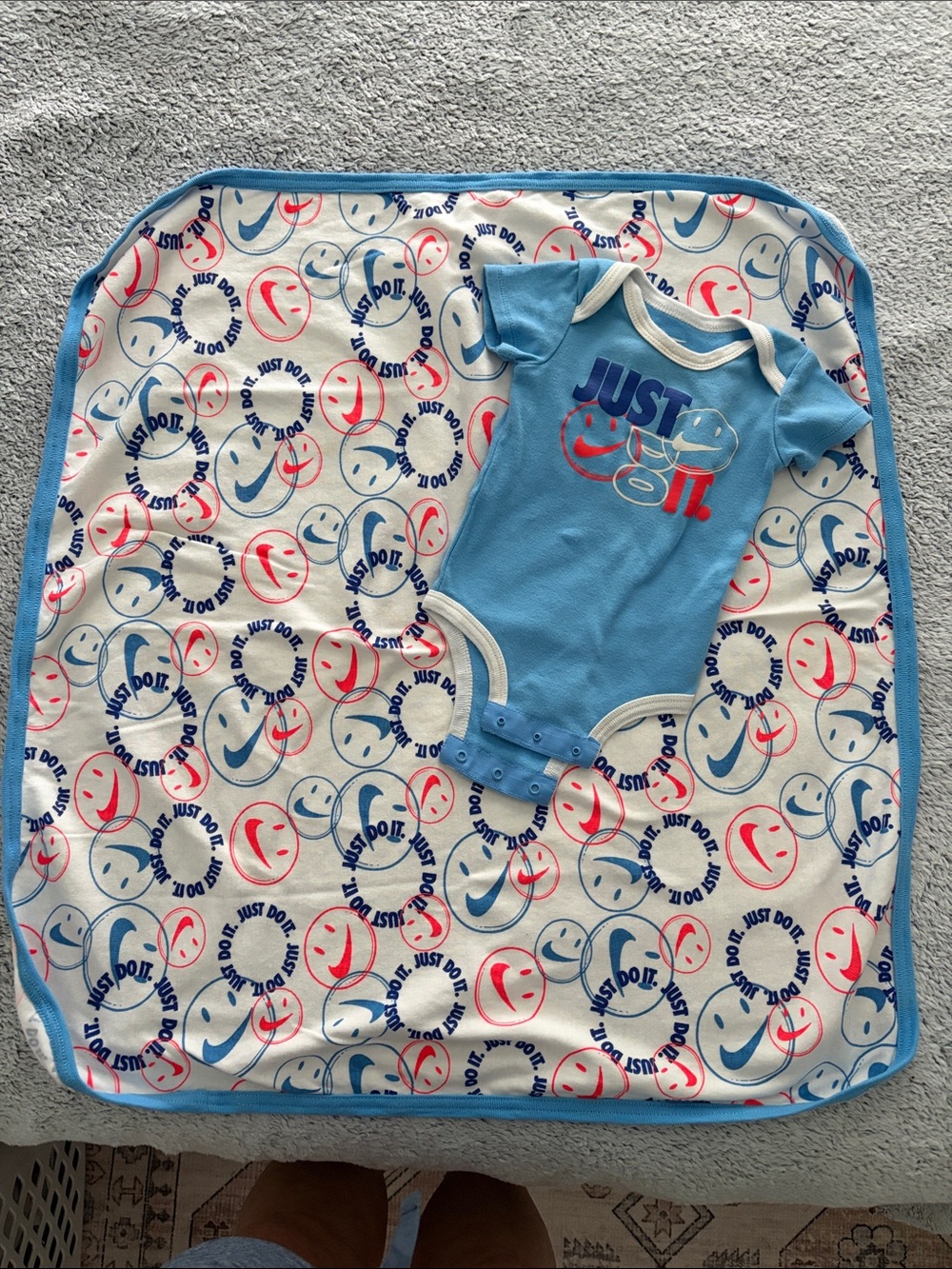Nike Blue 'Just Do It' Baby Onsie & Printed Blanket Set